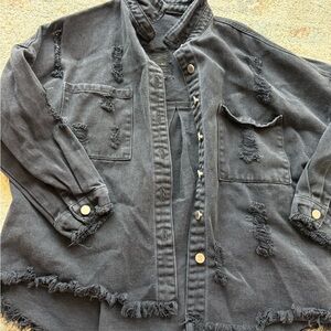 Oversized Distressed Black Denim Shacket